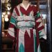 ●えんじの矢羽根柄に緑の富士の絽帯。アンティーク着物コーディネート(1192）●